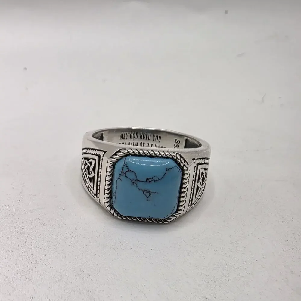 Sterling Silver Turquoise Ring Celtic Pattern Irish Blessing Inscription Ring 10